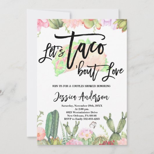 Lasst uns Taco'Bout Liebe Fiesta Couples Dusche ei Einladung (Vorderseite)