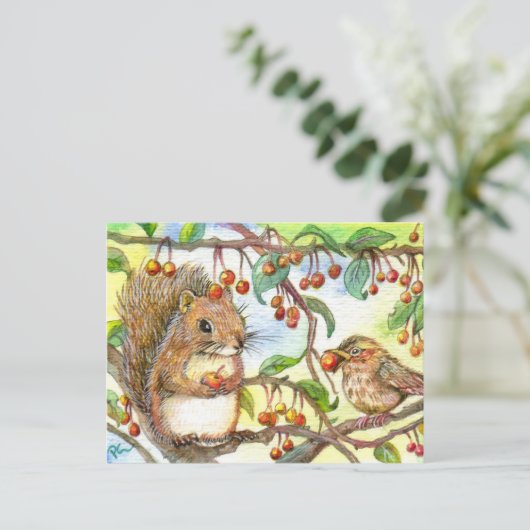 Lasst uns teilen - Eichhörnchen und Sparrow Postkarte (Stehend Vorderseite)