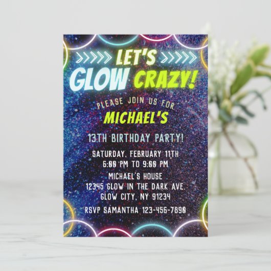 Lasst uns verrückt in das Dunkle Neon Lights Fun P Einladung (Stehend Vorderseite)