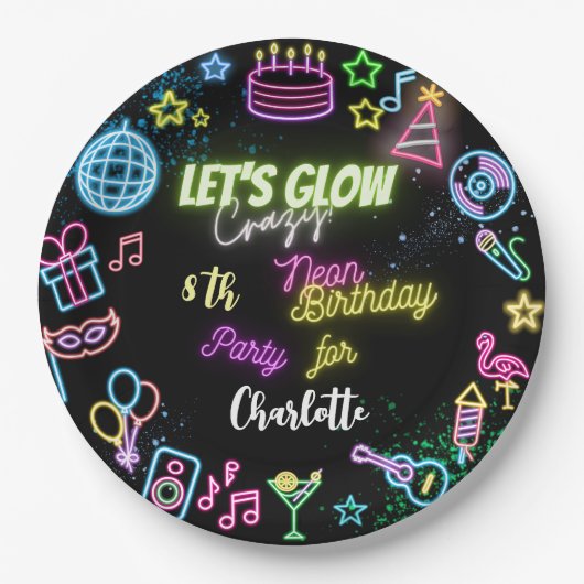 Lasst uns verrückten NeonGeburtstag glühen Pappteller (Vorderseite)