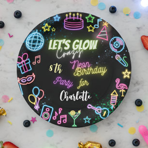 Lasst uns verrückten NeonGeburtstag glühen Pappteller