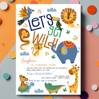 Lasst uns wilde Safari-Tiere Kindergeburtstag Part Einladung