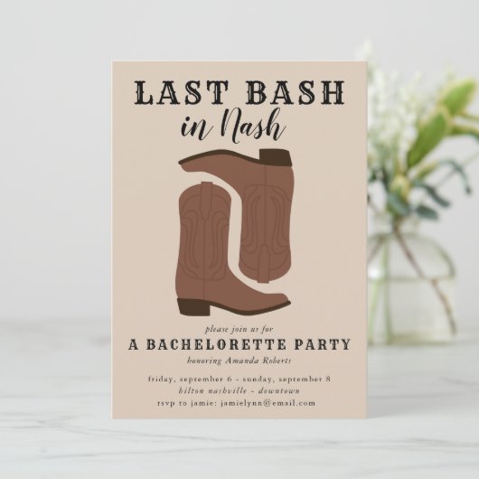 Last Bash in Nash Bachelorette Boots Einladung (Stehend Vorderseite)