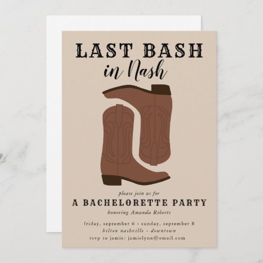 Last Bash in Nash Bachelorette Boots Einladung (Vorne/Hinten)