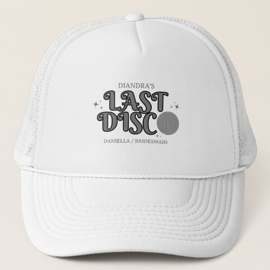 Last Disco Name Retro Silver 70s Bachelorette Truckerkappe (Vorderseite)