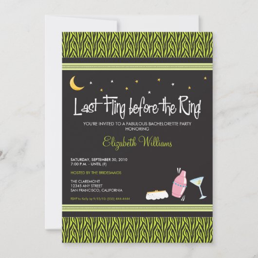 Last Fling Zebra Bachelorette Einladung (Limon) (Vorderseite)