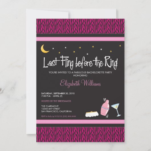Last Fling Zebra Bachelorette Invitation (fuschia) Einladung (Vorderseite)