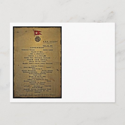 Last Menu RMS Titanic Postkarte (Vorderseite)