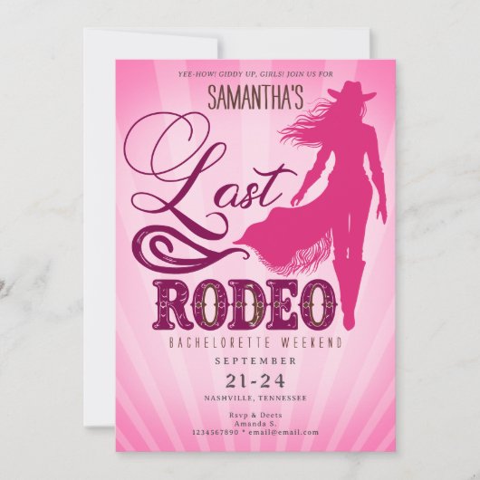 Last Rodeo Pink Cowgirl Nashville Bachelorette Einladung (Vorderseite)