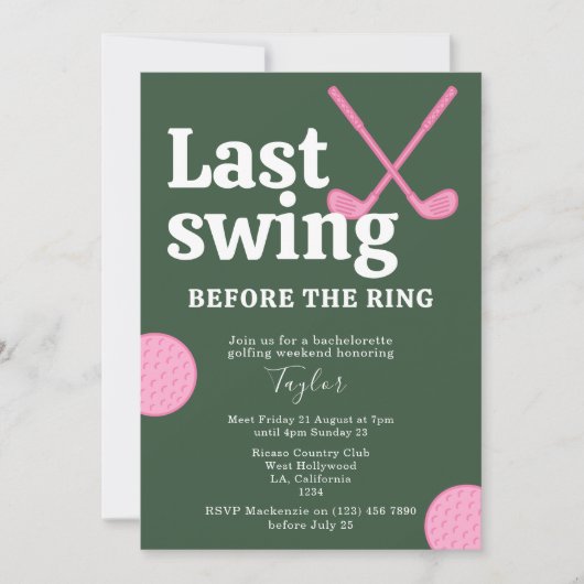Last Swing Before The Ring Golf Bachelorette Einladung (Vorderseite)