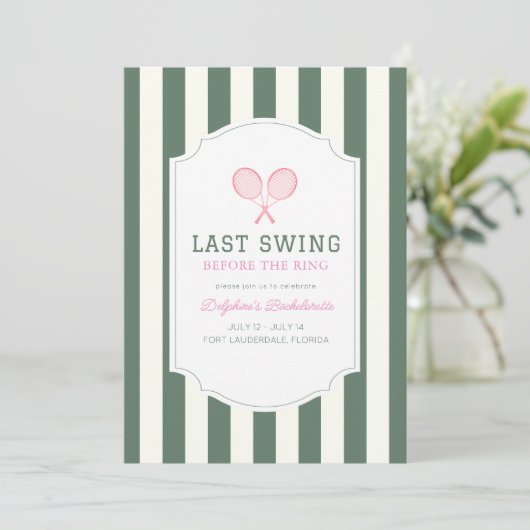 Last Swing Tennis Green Stripe Bachelorette Einladung (Stehend Vorderseite)
