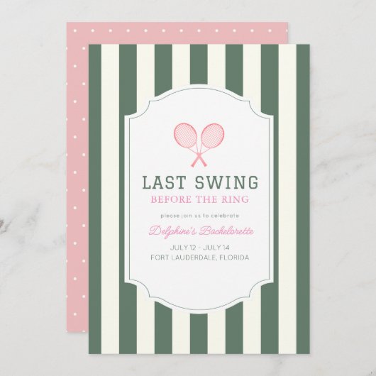Last Swing Tennis Green Stripe Bachelorette Einladung (Vorne/Hinten)