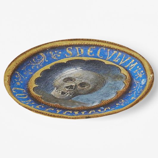 Late mittelalterlicher Manuskript-Skull Pappteller (Schrägansicht)