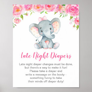 Late Night Diapers Sign Elephant Baby Shower Girl Poster