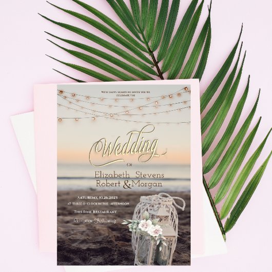 Laterne, Lichterkette, Blumen, Strandhochzeit Einladung