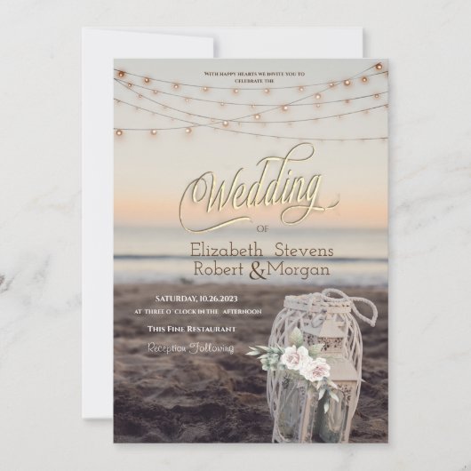 Laterne, String Lights, Blume, Beach Wedding Einladung (Vorderseite)