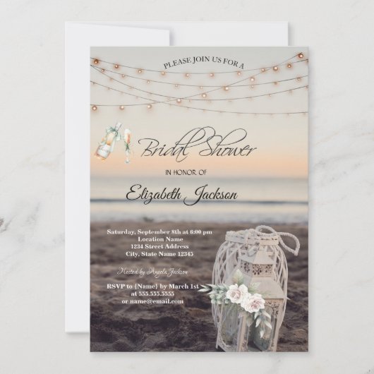 Laterne, String Lights, Blume, Beach Wine Einladung (Vorderseite)