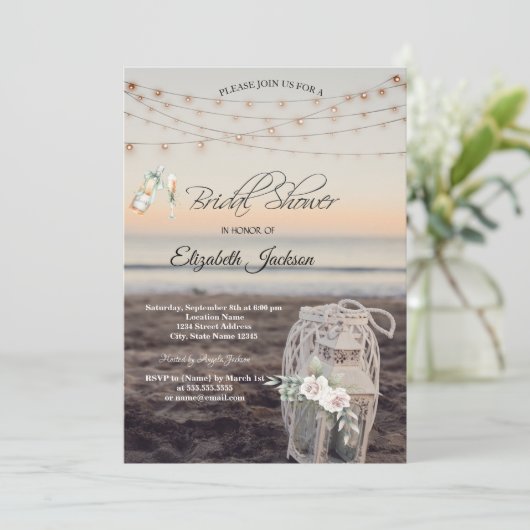 Laterne, String Lights, Blume, Beach Wine Einladung (Stehend Vorderseite)