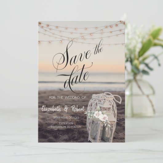 Laterne, String Lights, Blume, Strand Save the Dat Date (Stehend Vorderseite)