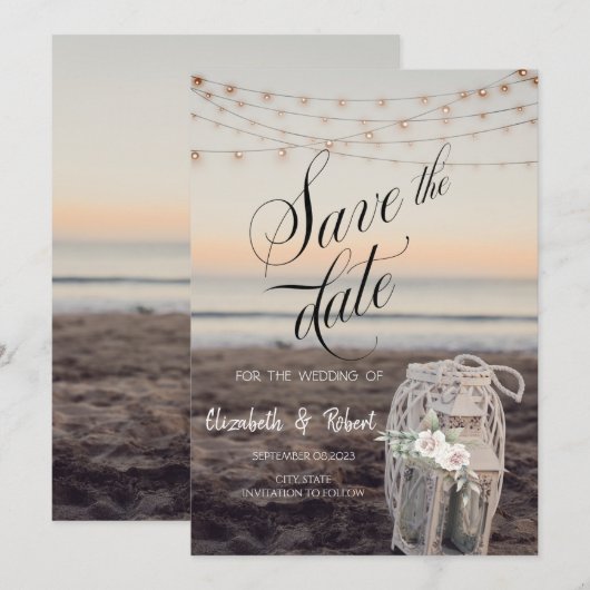Laterne, String Lights, Blume, Strand Save the Dat Date (Vorne/Hinten)