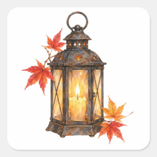 Laterne und Herbstblätter Quadratischer Aufkleber
