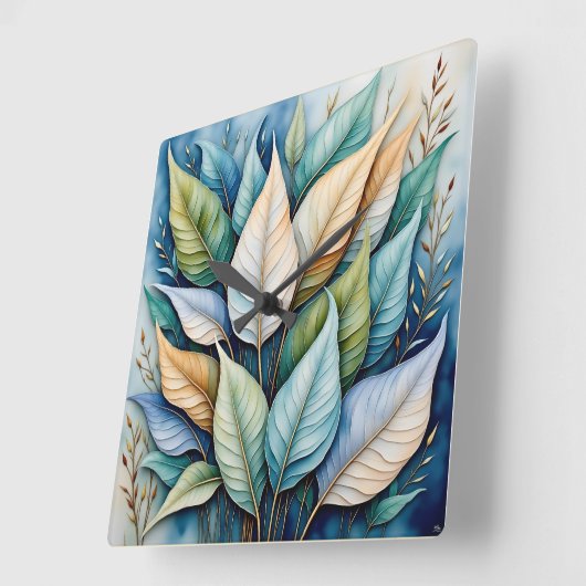 Latte-Blätter aus Blaugrün Quadratische Wanduhr (Winkel)