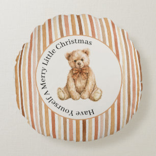 Latte Cocoa Blush Streifen Teddybär Weihnachten Rundes Kissen