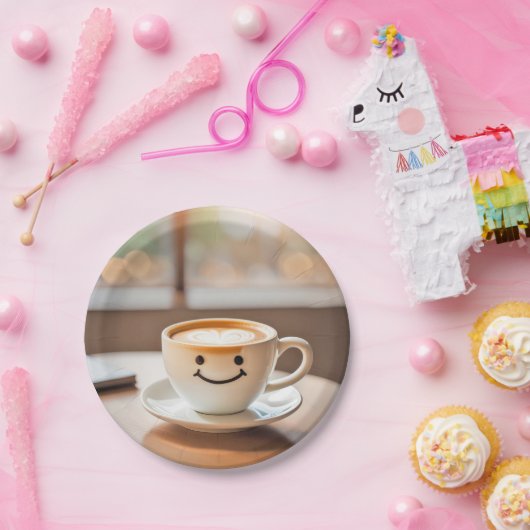 Latte durch sonniges Fenster lächeln Pappteller (Party)