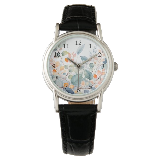 Laub Grün Blau Orange Blätter Armbanduhr (Vorderseite)