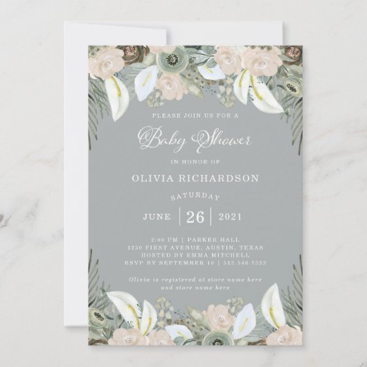 Laub und Blumen| weiche graue Babyparty Einladung (Vorderseite)