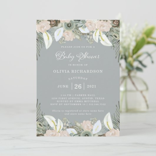 Laub und Blumen| weiche graue Babyparty Einladung (Stehend Vorderseite)