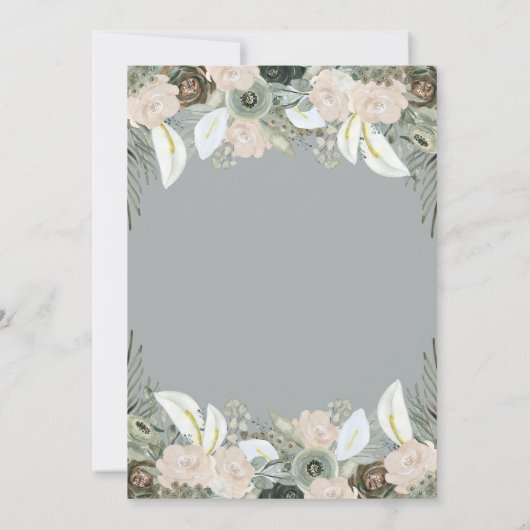 Laub und Blumen| weiche graue Babyparty Einladung (Rückseite)