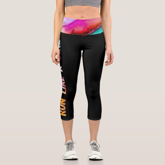 Lauf wie ein Mädchen schwarze Aquarelltaille Capri Leggings (Vorderseite)