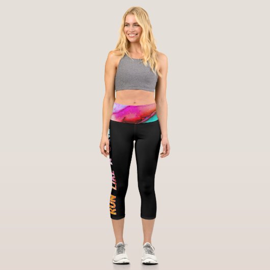 Lauf wie ein Mädchen schwarze Aquarelltaille Capri Leggings (Vorderseite)