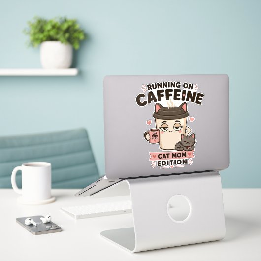 Laufend auf Kaffeewitzige Katzenmutter Laptop-Aufk Aufkleber (Laptop auf Schreibtisch)