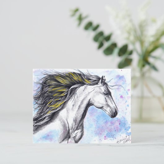 Laufende Pferde Wasserfarbe und Tinte Pferde Kunst Postkarte (Stehend Vorderseite)