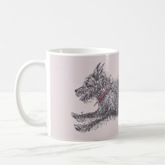 Laufende schäbige schwarze Terrier-Tasse Kaffeetasse (Links)