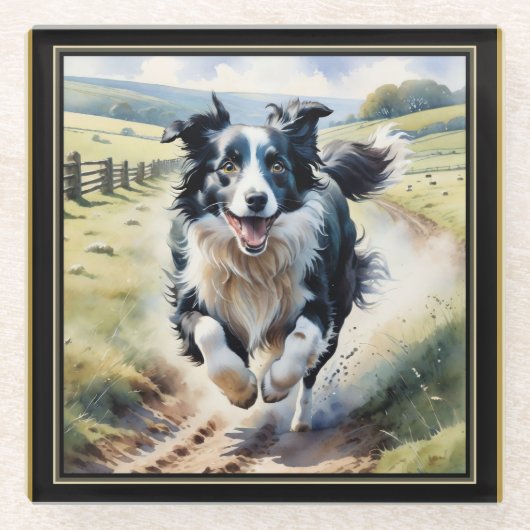 Laufender Border Collie Glasuntersetzer (Vorderseite)