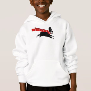 Laufender Boston Terrier mit rotem Winterschal Hoodie