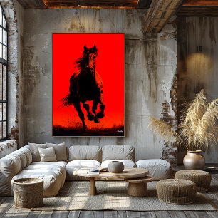 Laufendes Pferd Poster – Schwarze Silhouette auf R