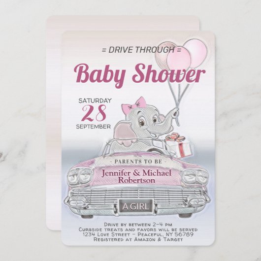 Laufwerk durch Babydusche für ein Mädchen Einladung (Vorne/Hinten)