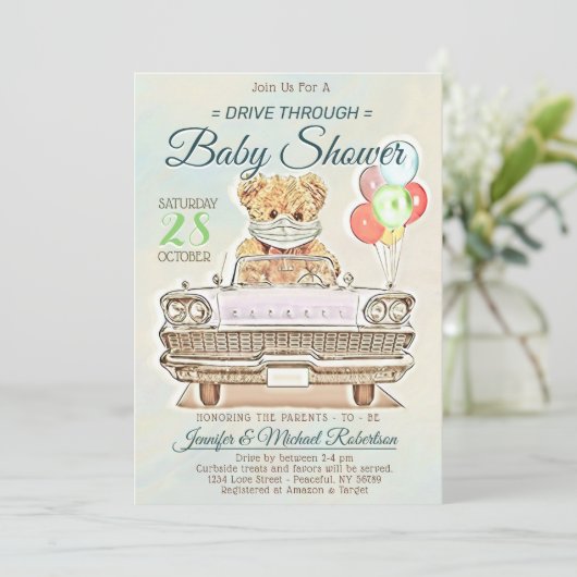 Laufwerk durch Babydusche für Junge oder Mädchen Einladung (Stehend Vorderseite)