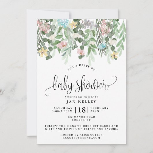 Laufwerk mit Babydusche, Aquarell-Hütte-Blume Einladung (Vorderseite)