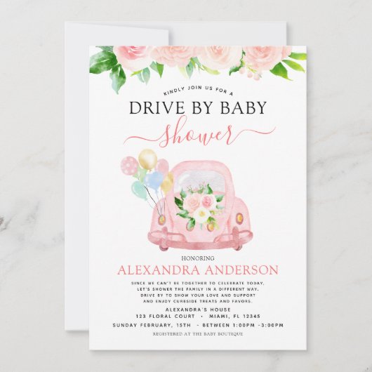 Laufwerk mit Babydusche Blütenrosa Einladung (Vorderseite)