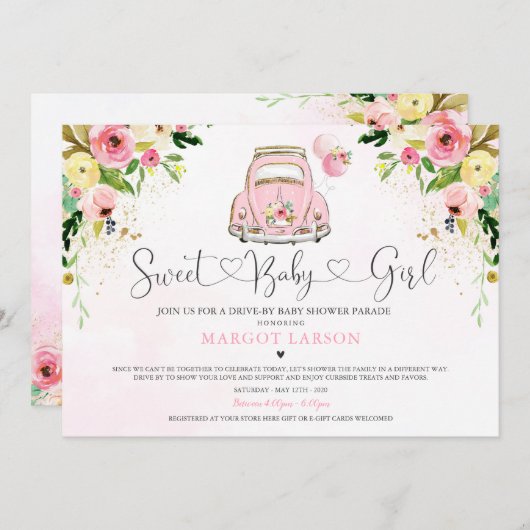 Laufwerk mit Babydusche Einladung Rosa Blumendusch (Vorne/Hinten)