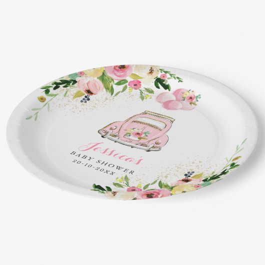 Laufwerk mit Babydusche rosa, florale Papierplatte Pappteller (Schrägansicht)