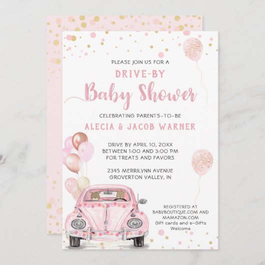 Laufwerk mit rosa Autolöchern Confetti Babydusche Einladung (Vorne/Hinten)