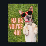 Laughing Dog 40th Birthday  Postkarte<br><div class="desc">Fun milestone birthday postcard  features photo of laughing Corgi dog with sunglasses and "Ha Ha You're 40"</div>