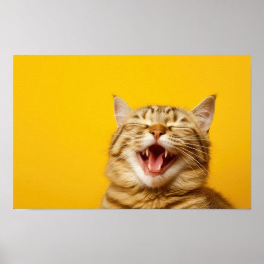 Laughing Ginger Cat on Yellow Background — Niedlic Poster (Vorne)
