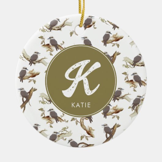 Laughing Kookaburra Australian Eucalyptus Monogram Keramik Ornament (Vorne)
